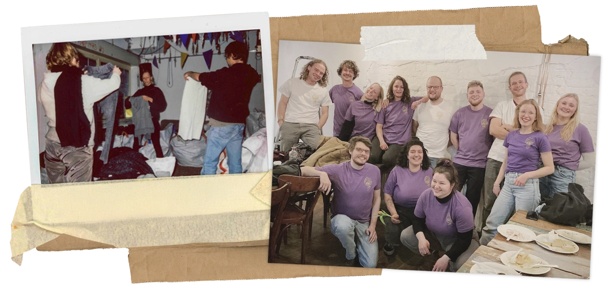 Fotos von jungen Menschen, die Kleidungsspenden sortieren